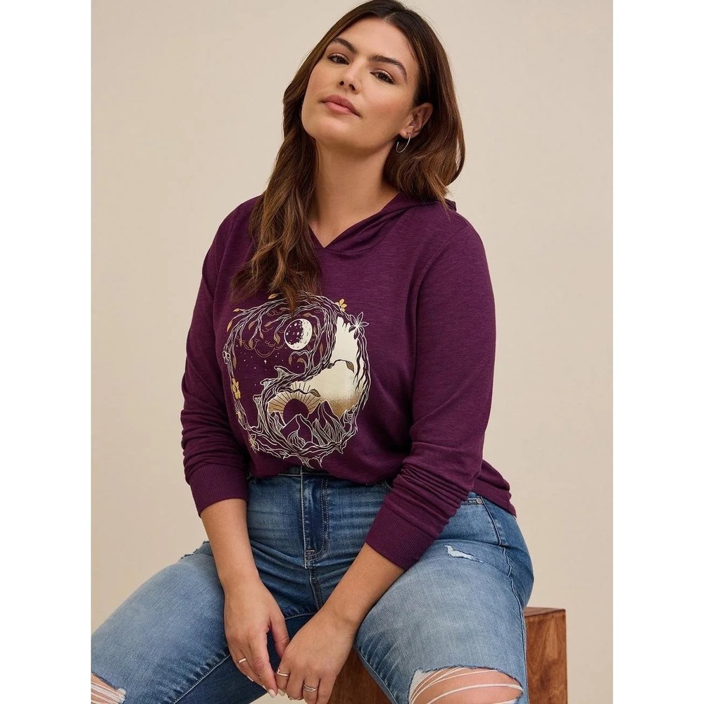 Torrid Hoodie Women 3 Slub Jersey Purple Celestial Moon Sun Graphic EUC